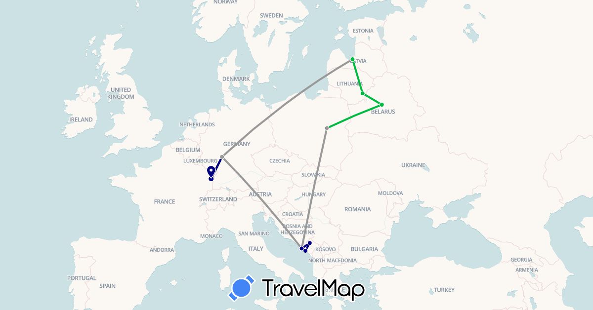 TravelMap itinerary: driving, bus, plane in Belarus, Germany, France, Croatia, Lithuania, Latvia, Montenegro, Poland (Europe)